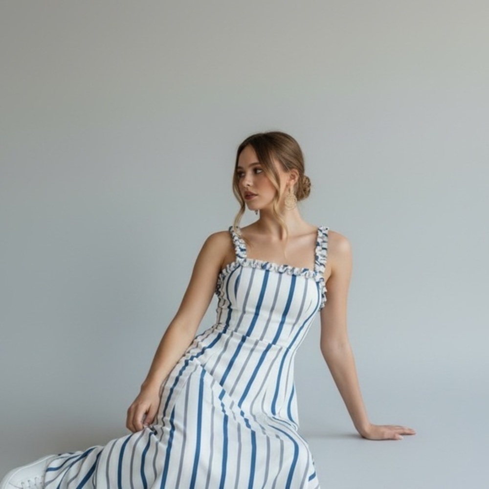 Cotton Candy Blue and White Striped Midi Dress with Ruffle Straps